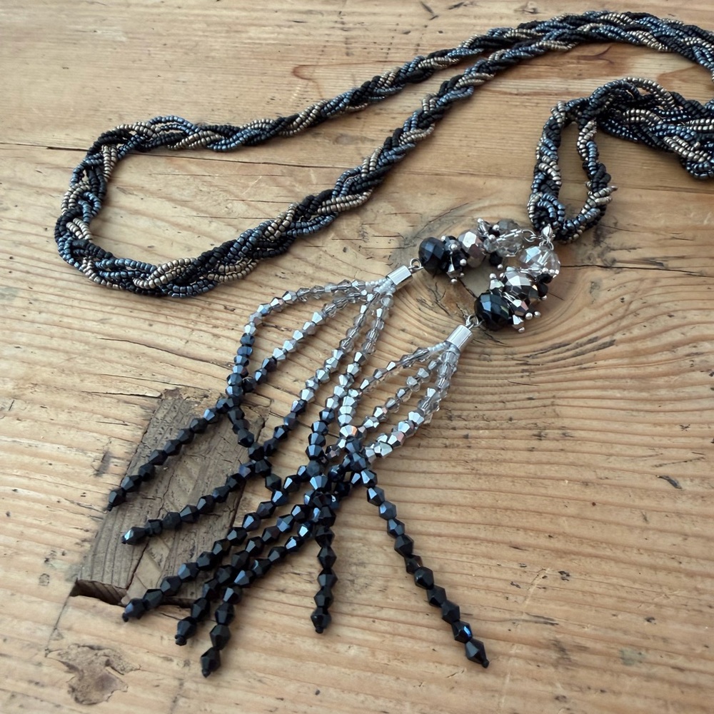 Vintage 90s Y2K Beaded Tassel Belt Gunmetal Blue Crystal Boho Glam Statement - Picture 3 of 4